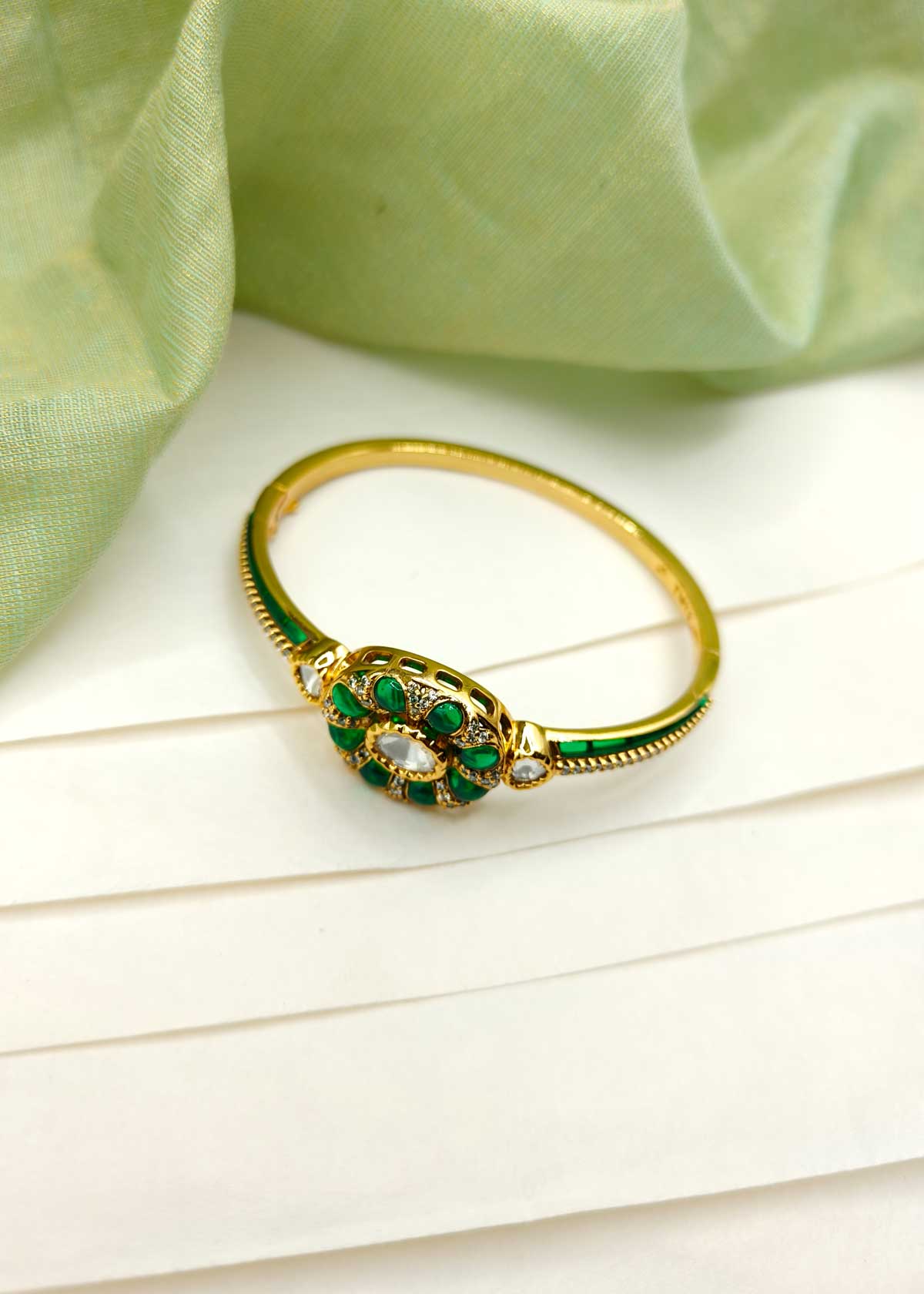 Traditional Gold Plated Kundan Cubic Zircon Openable Kada Bracelet For Women