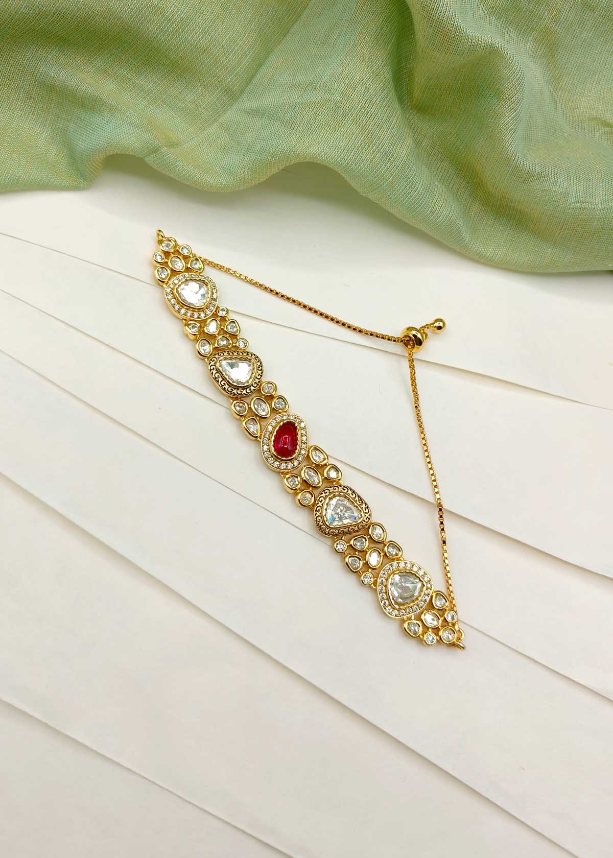 Versatile Kundan Cubic Zircon Gold Plated Slider Loose Bracelet For Women