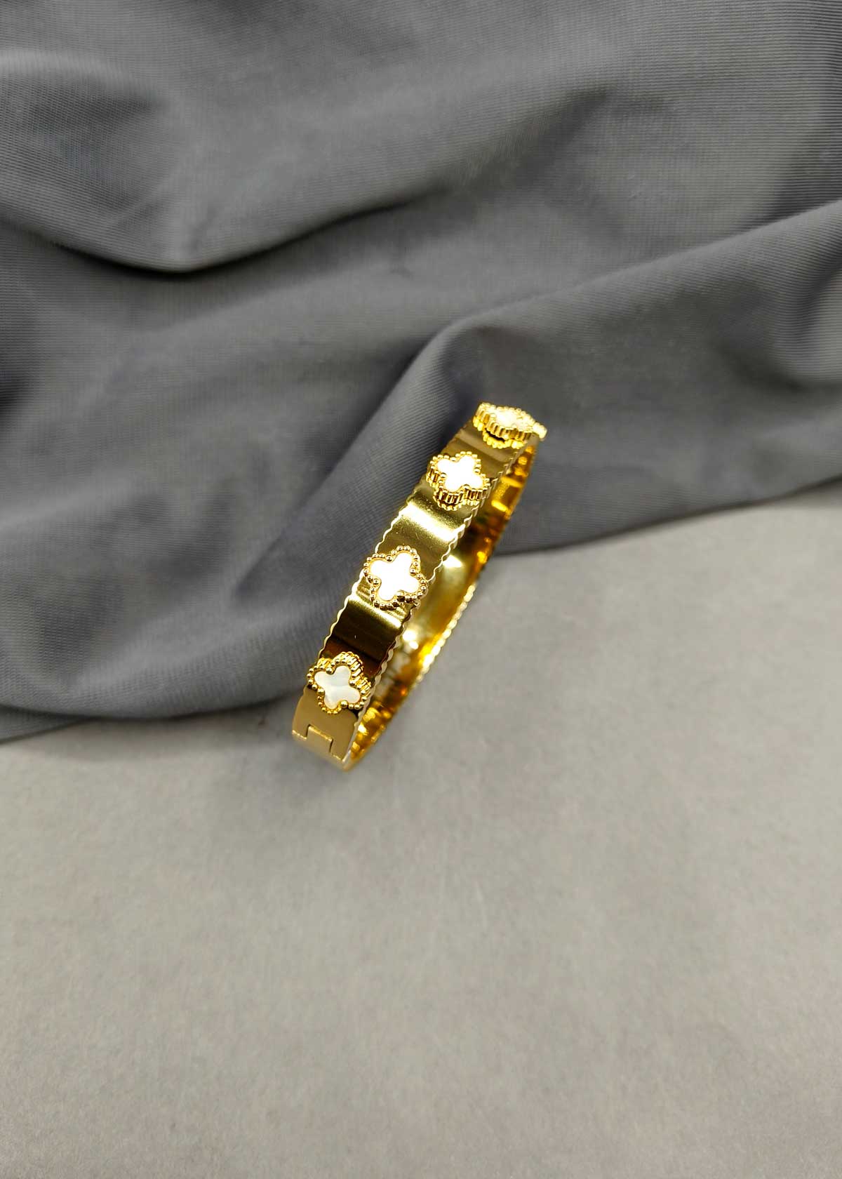 Beautiful Clover Mother Of Pearl Gold Plated Bracelet Kada For Women