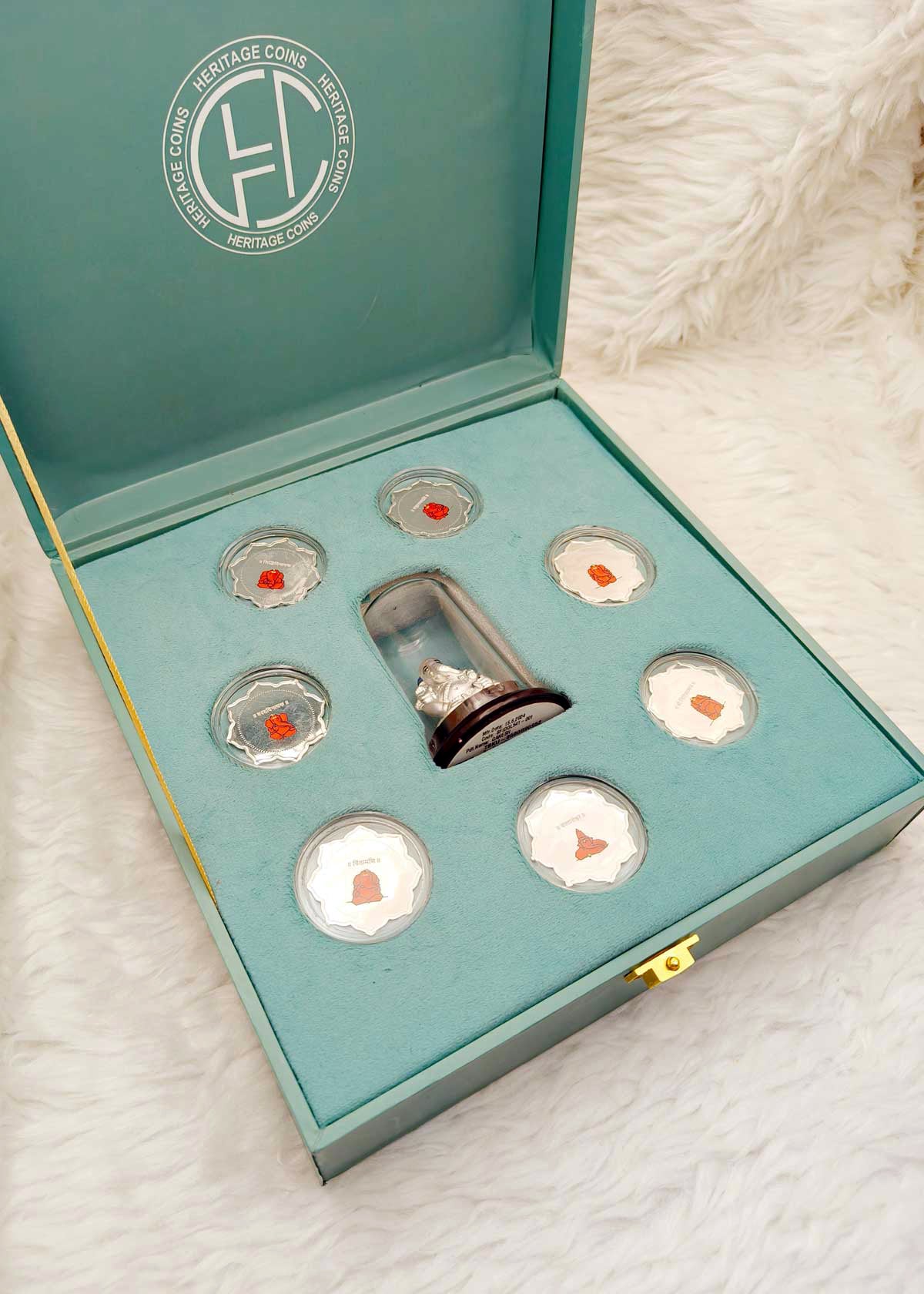 999 Fine Silver Ganesh Gift Set With Meenakari Coin