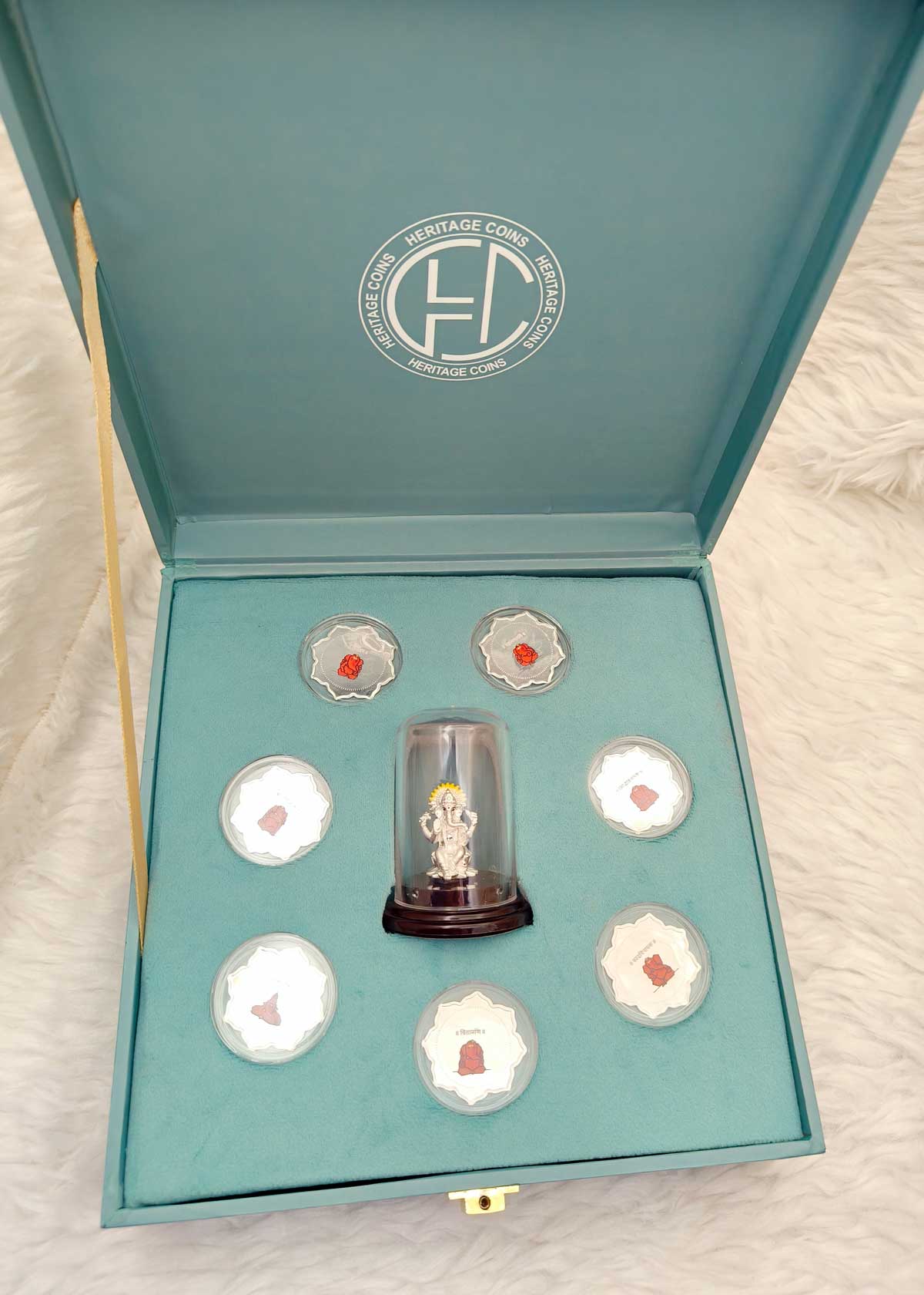 999 Fine Silver Lord Ganesha Idol With Meenakari Pure Silver Coins Luxury Gift Box