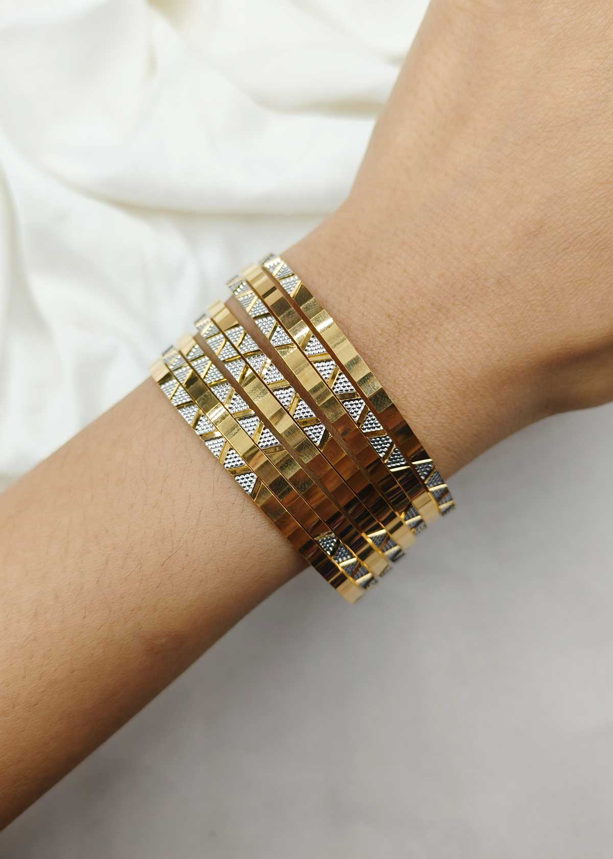 1 Gram Gold And Silver Plated Geometric Block Pattern Bangles (8Pcs)