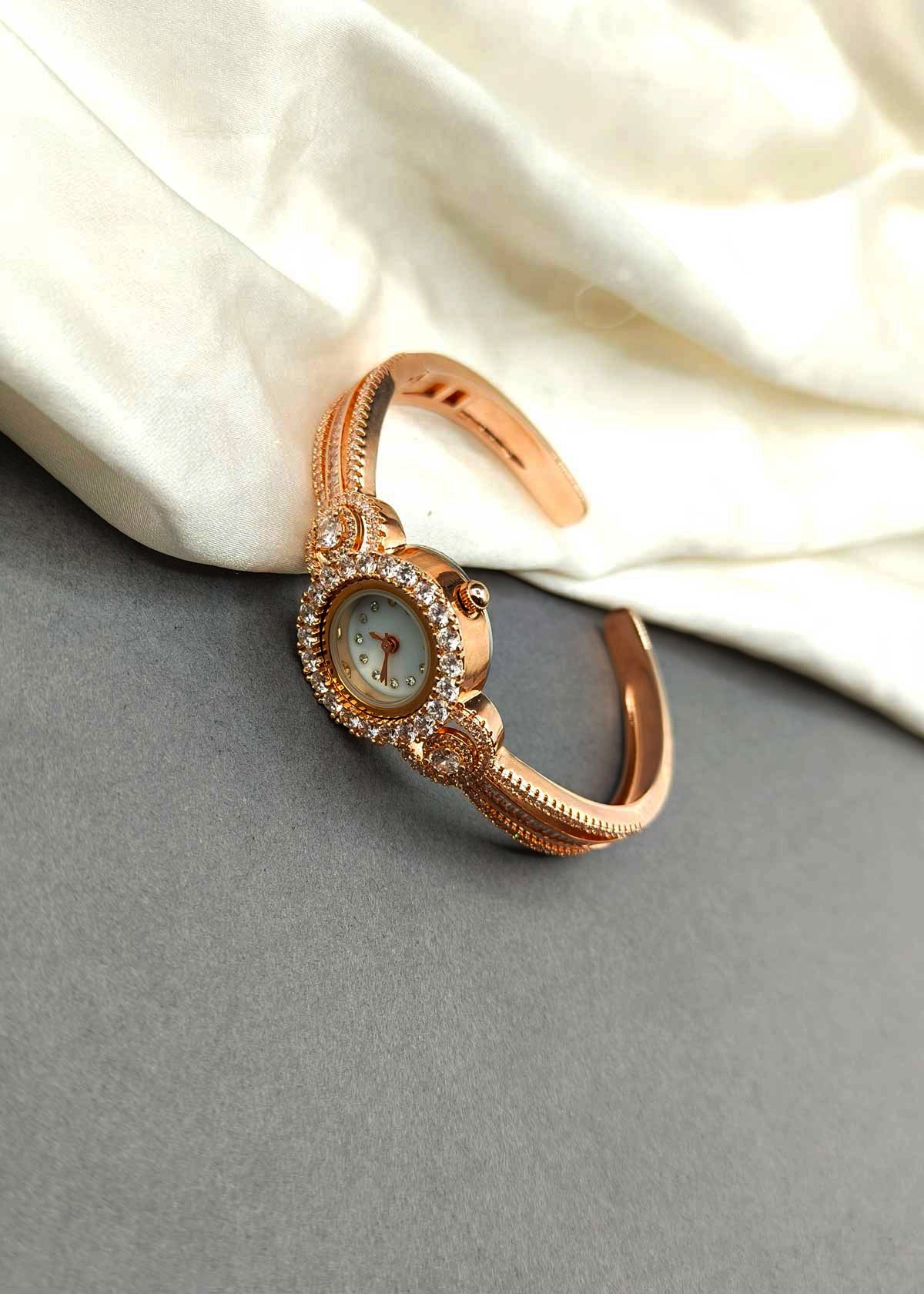 Sparkling Rose Gold Plated Cubic Zircon Cuff Style Women Watch