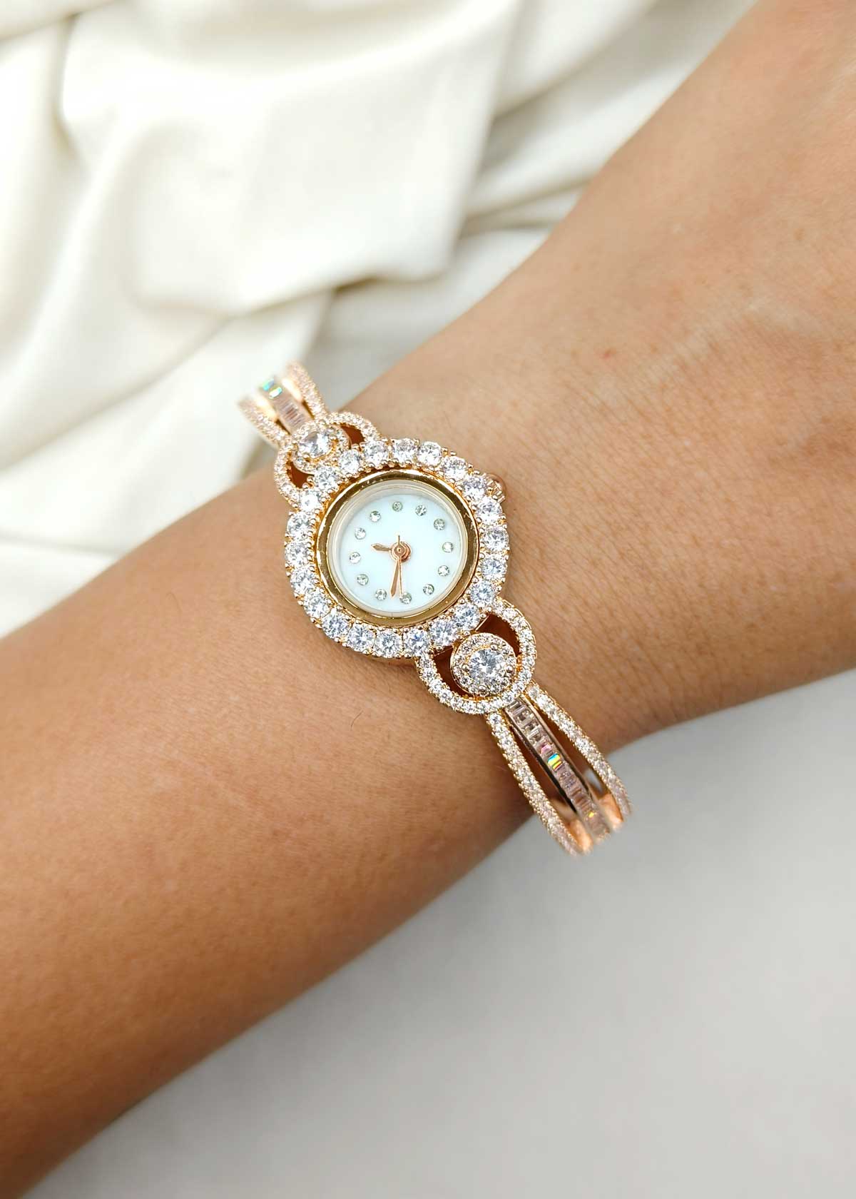 Sparkling Rose Gold Plated Cubic Zircon Cuff Style Women Watch