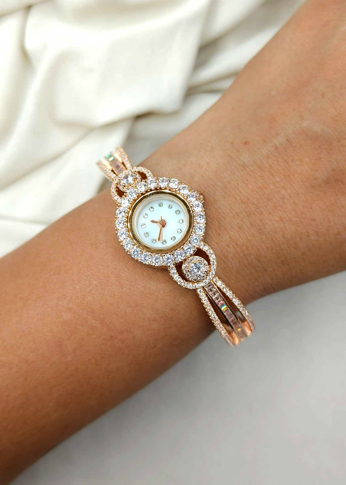 Sparkling Rose Gold Plated Cubic Zircon Cuff Style Women Watch