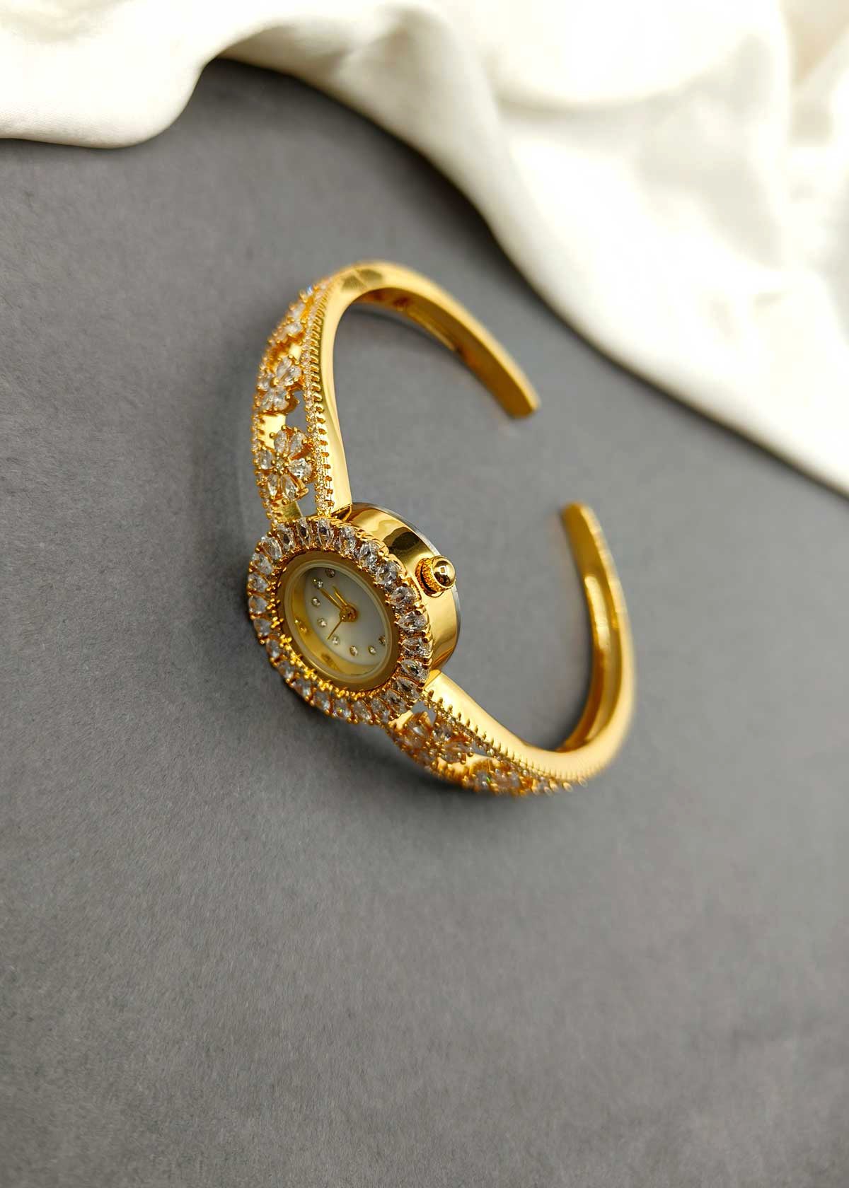 Dazzling Gold Plated Cubic Zircon Cuff Style Women Watch