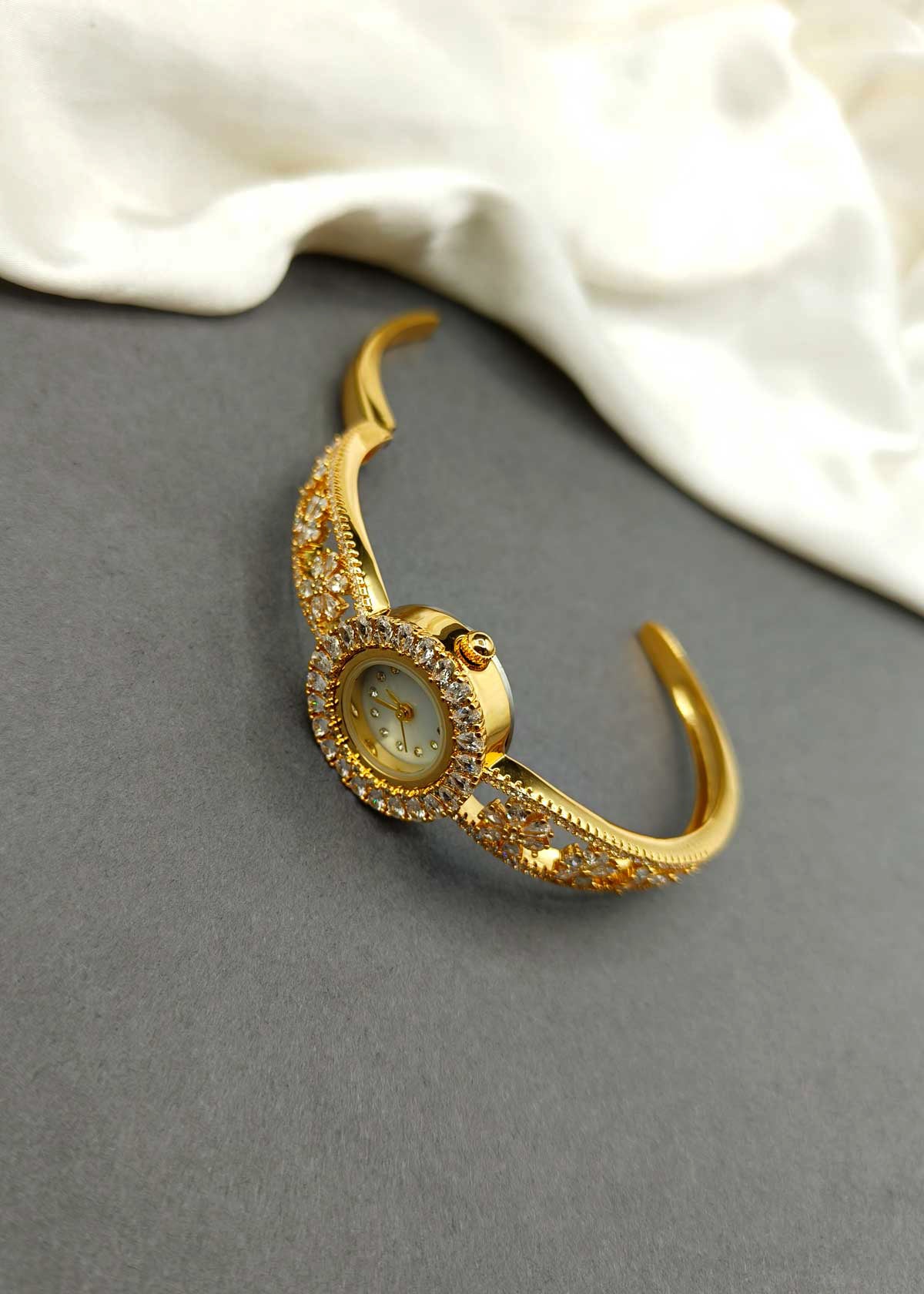 Dazzling Gold Plated Cubic Zircon Cuff Style Women Watch