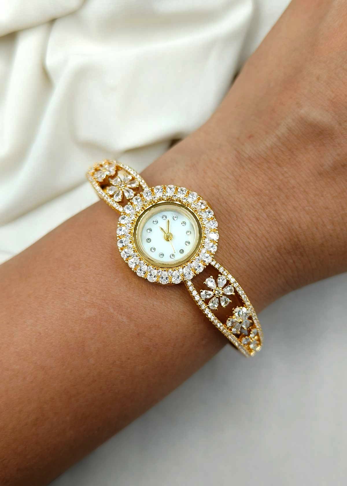 Dazzling Gold Plated Cubic Zircon Cuff Style Women Watch