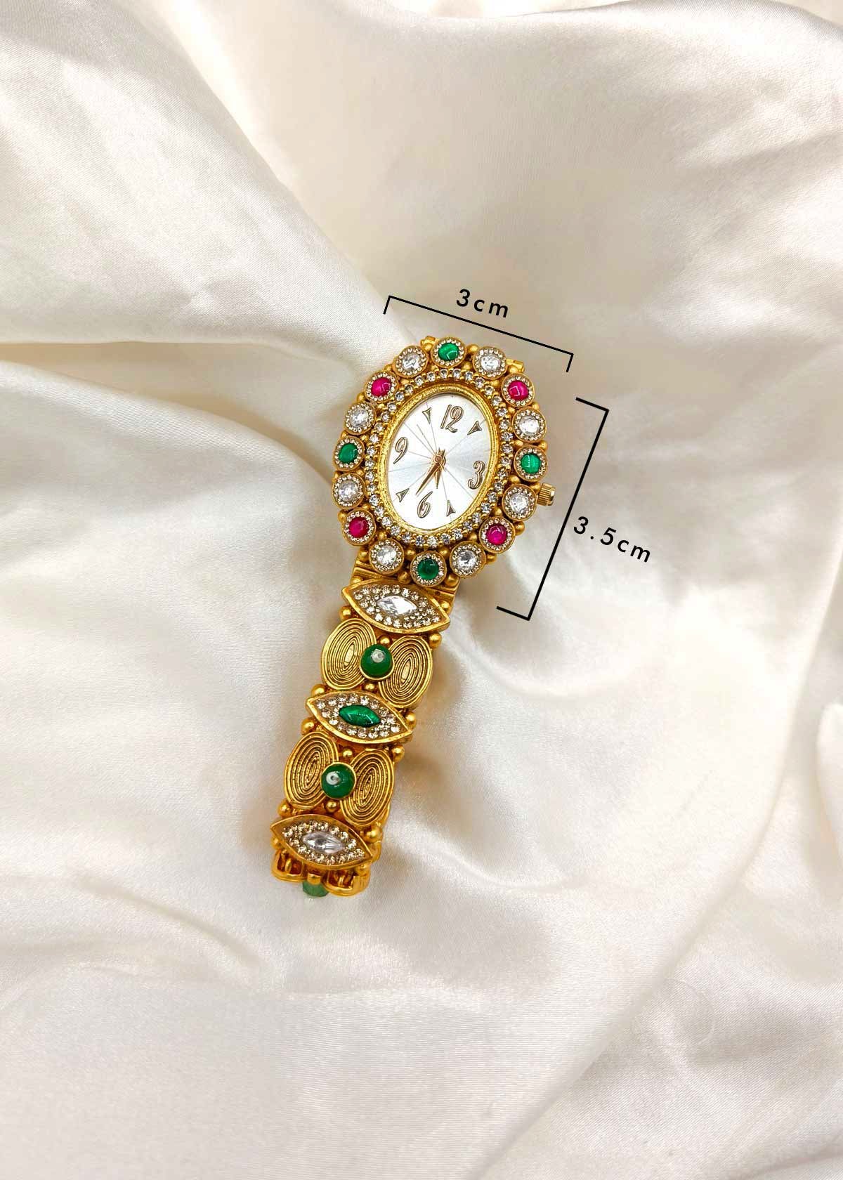 Antique Gold Plated Kundan And Cubic Zircon Women Watch