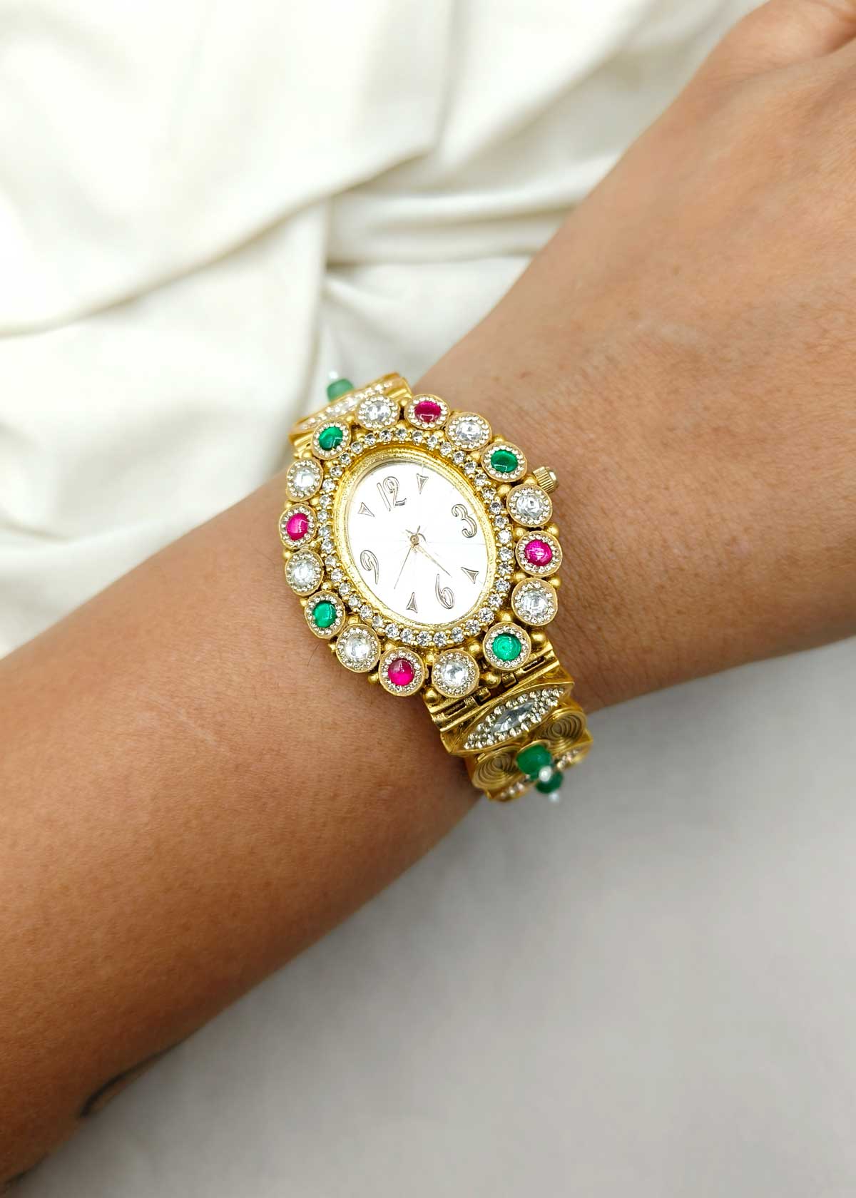 Antique Gold Plated Kundan And Cubic Zircon Women Watch