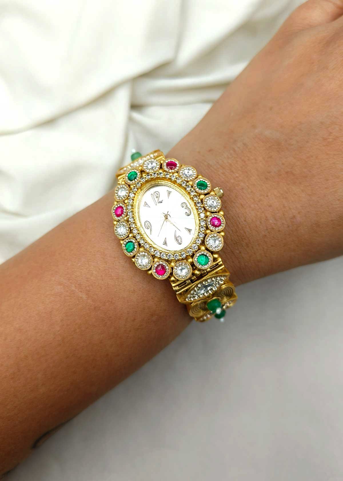 Antique Gold Plated Kundan And Cubic Zircon Women Watch