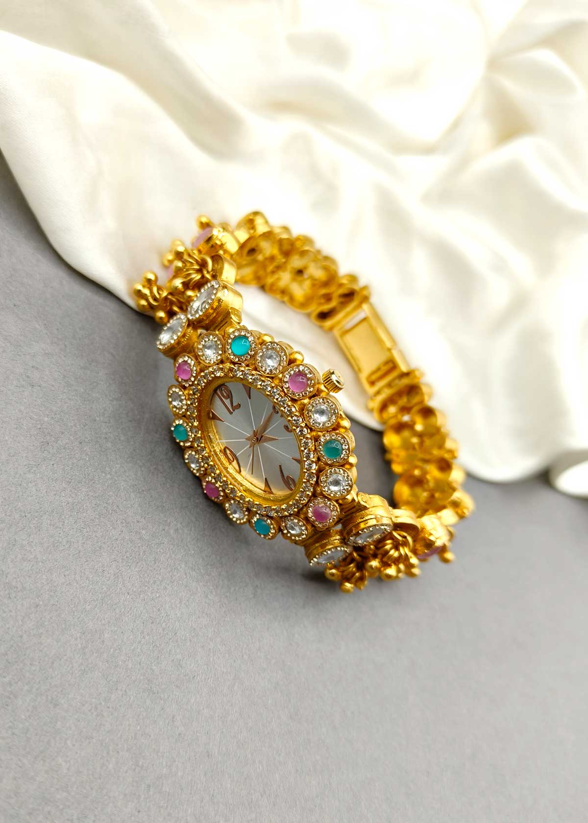 Antique Gold Plated Kundan And Cubic Zircon With Ghungroo Accents Watch For Women