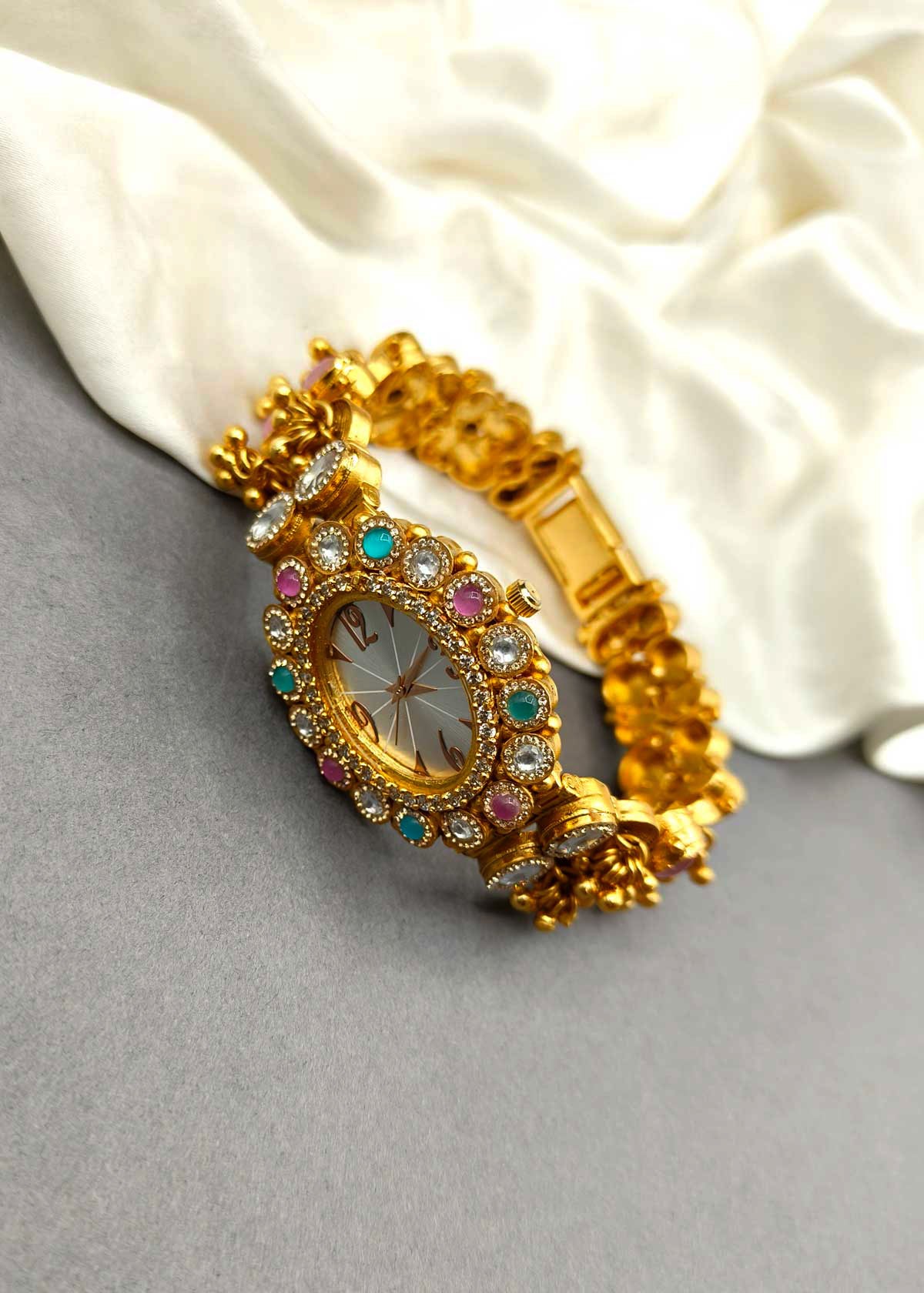 Antique Gold Plated Kundan And Cubic Zircon With Ghungroo Accents Watch For Women