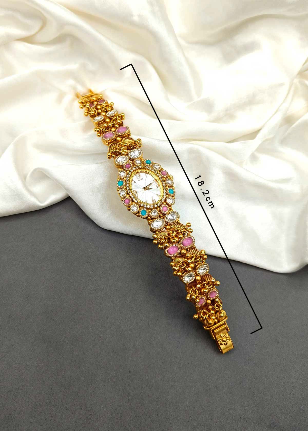 Antique Gold Plated Kundan And Cubic Zircon With Ghungroo Accents Watch For Women