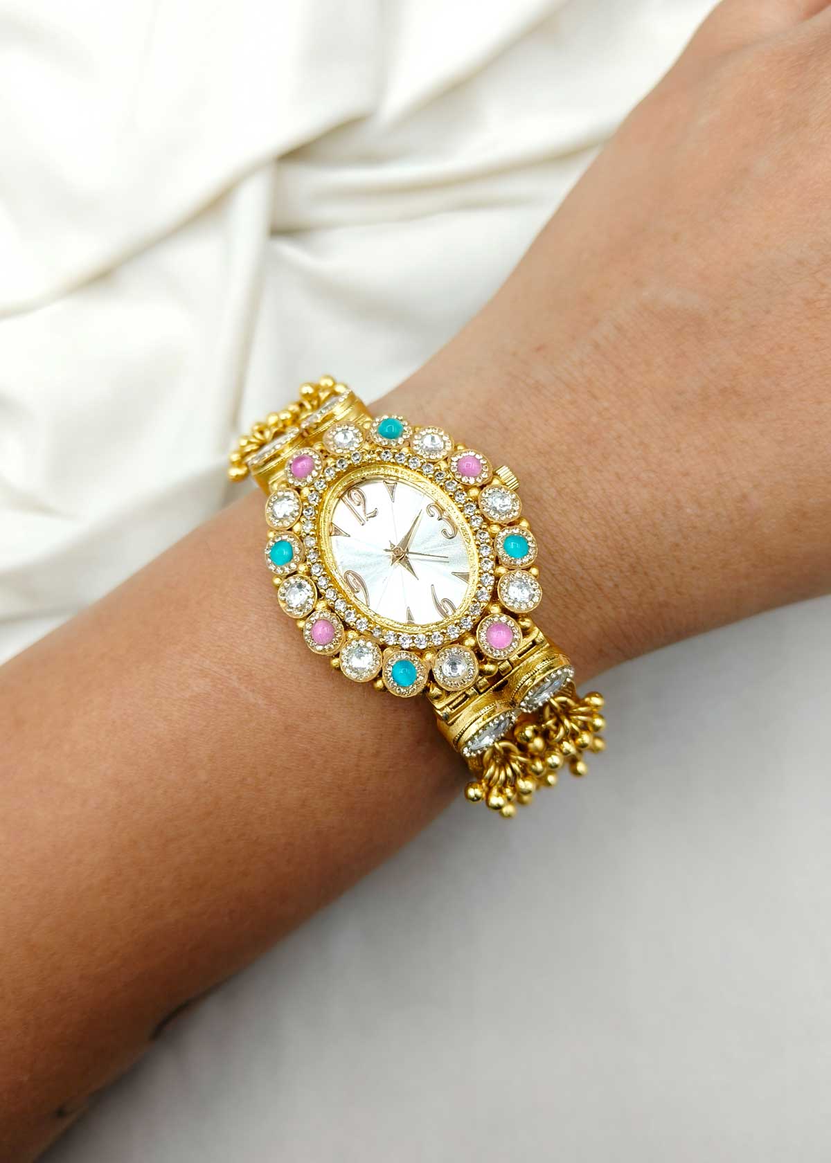 Antique Gold Plated Kundan And Cubic Zircon With Ghungroo Accents Watch For Women