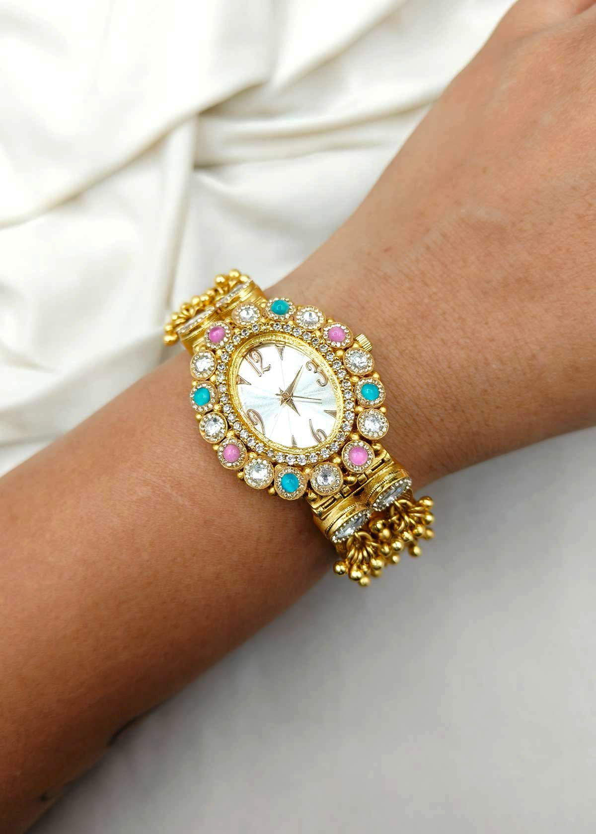 Antique Gold Plated Kundan And Cubic Zircon With Ghungroo Accents Watch For Women