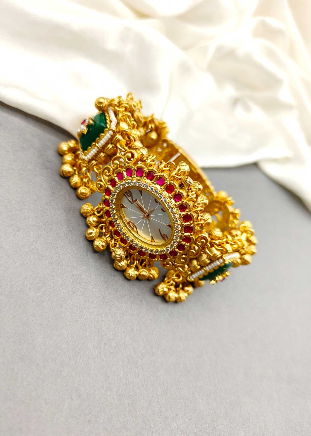 Antique Gold Plated Cubic Zircon Women Watch With Ghungroo