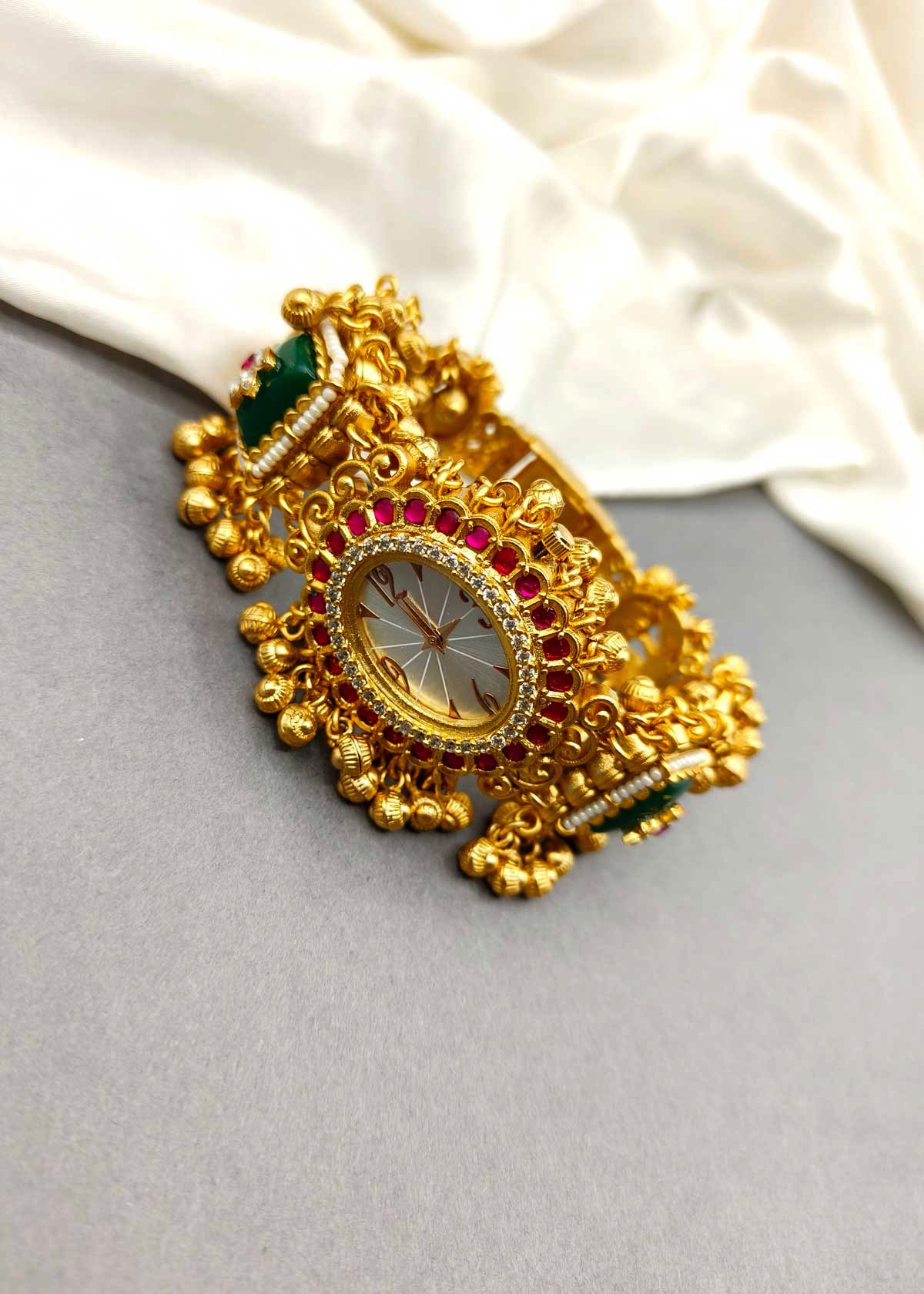 Antique Gold Plated Cubic Zircon Women Watch With Ghungroo