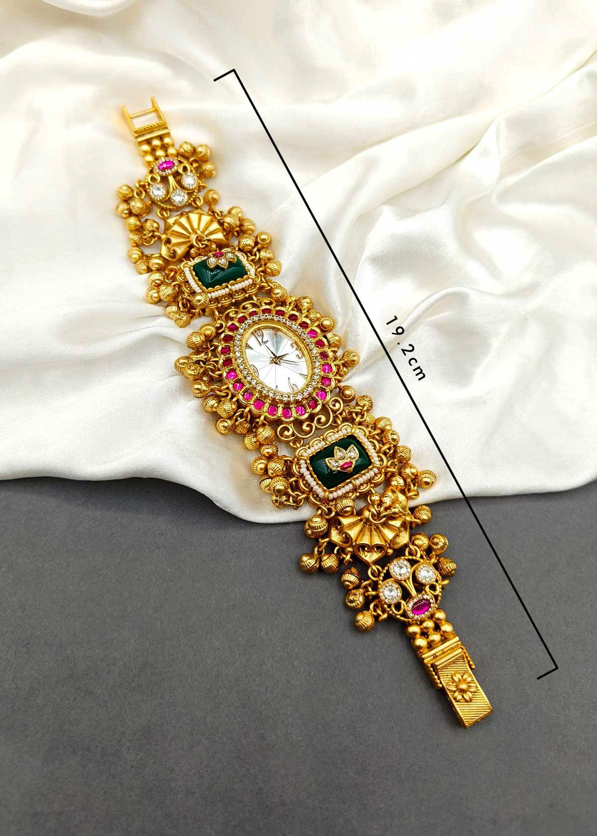 Antique Gold Plated Cubic Zircon Women Watch With Ghungroo