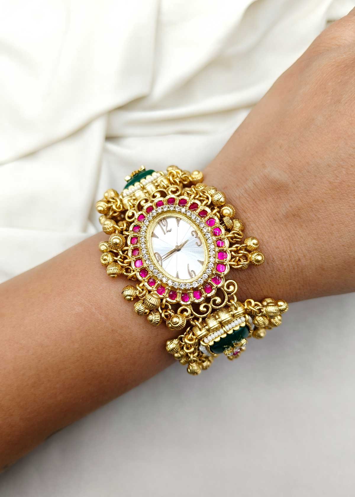 Antique Gold Plated Cubic Zircon Women Watch With Ghungroo