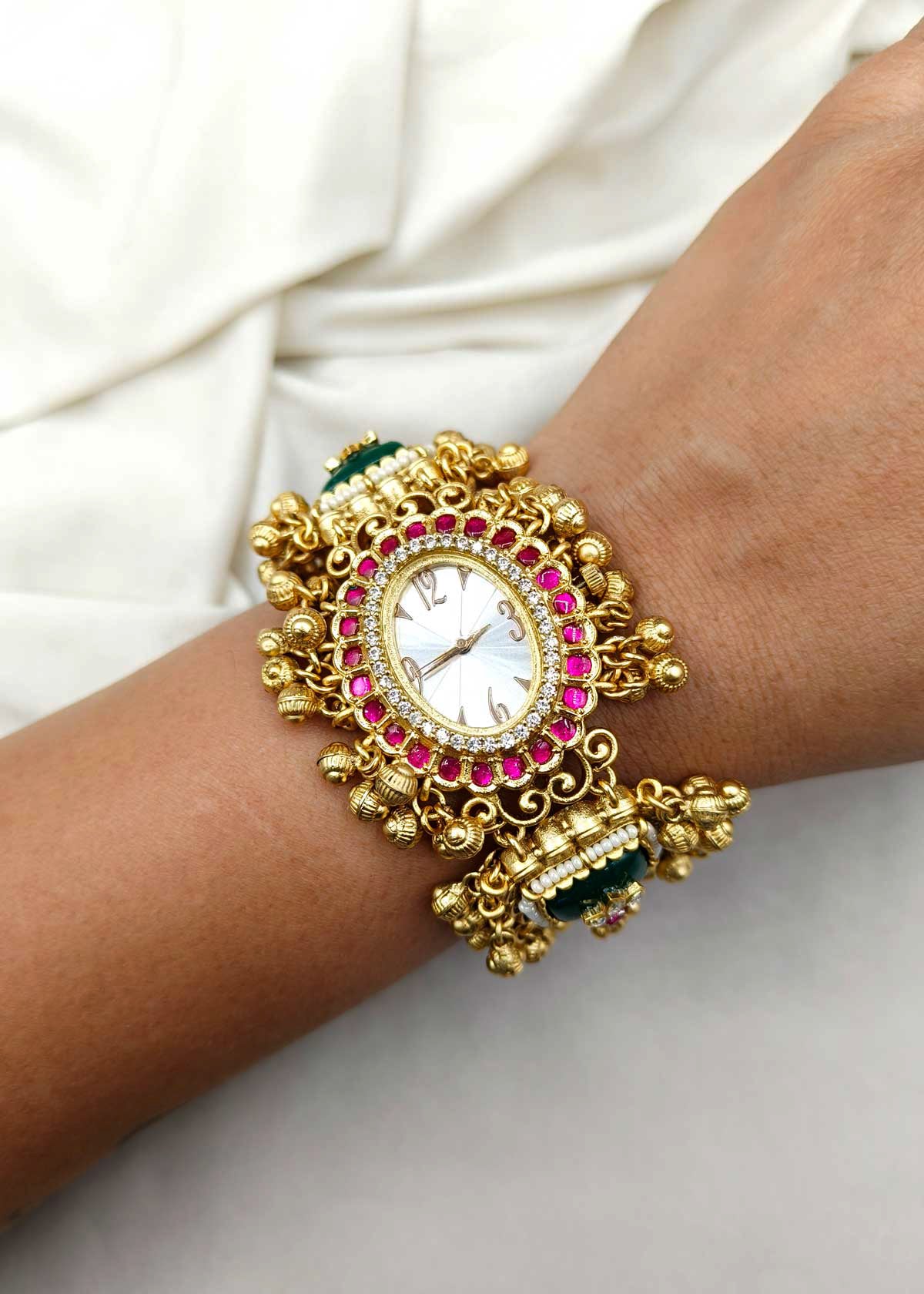 Antique Gold Plated Cubic Zircon Women Watch With Ghungroo