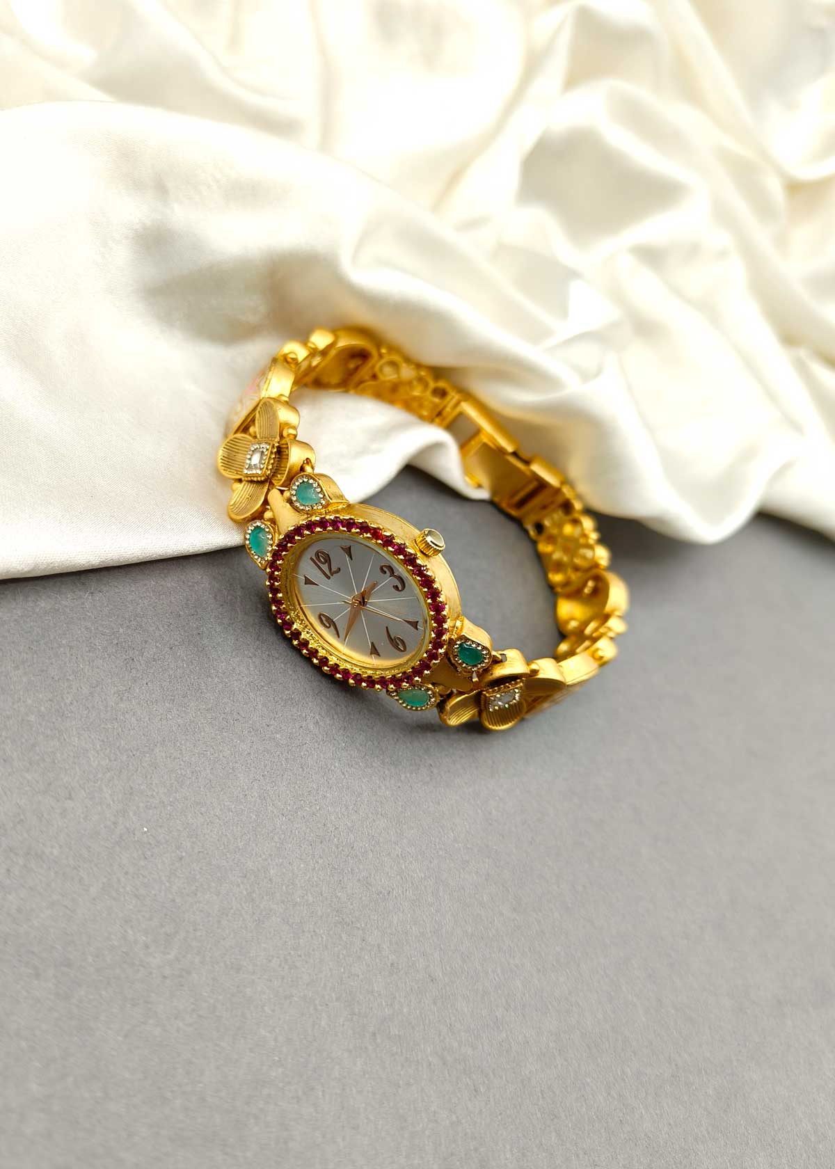 Antique Gold Plated Floral Minakari Cubic Zircon Women Watch