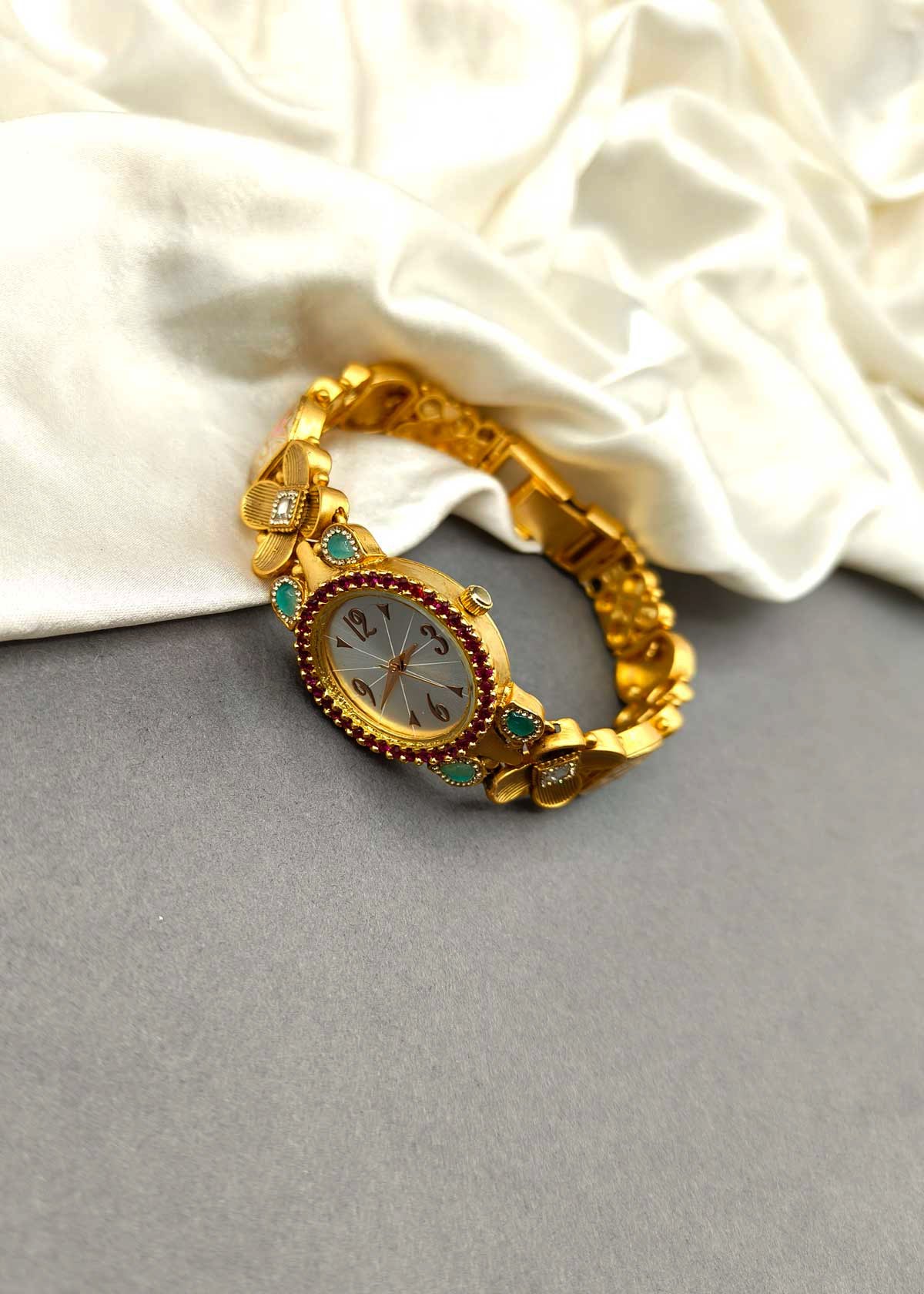 Antique Gold Plated Floral Minakari Cubic Zircon Women Watch