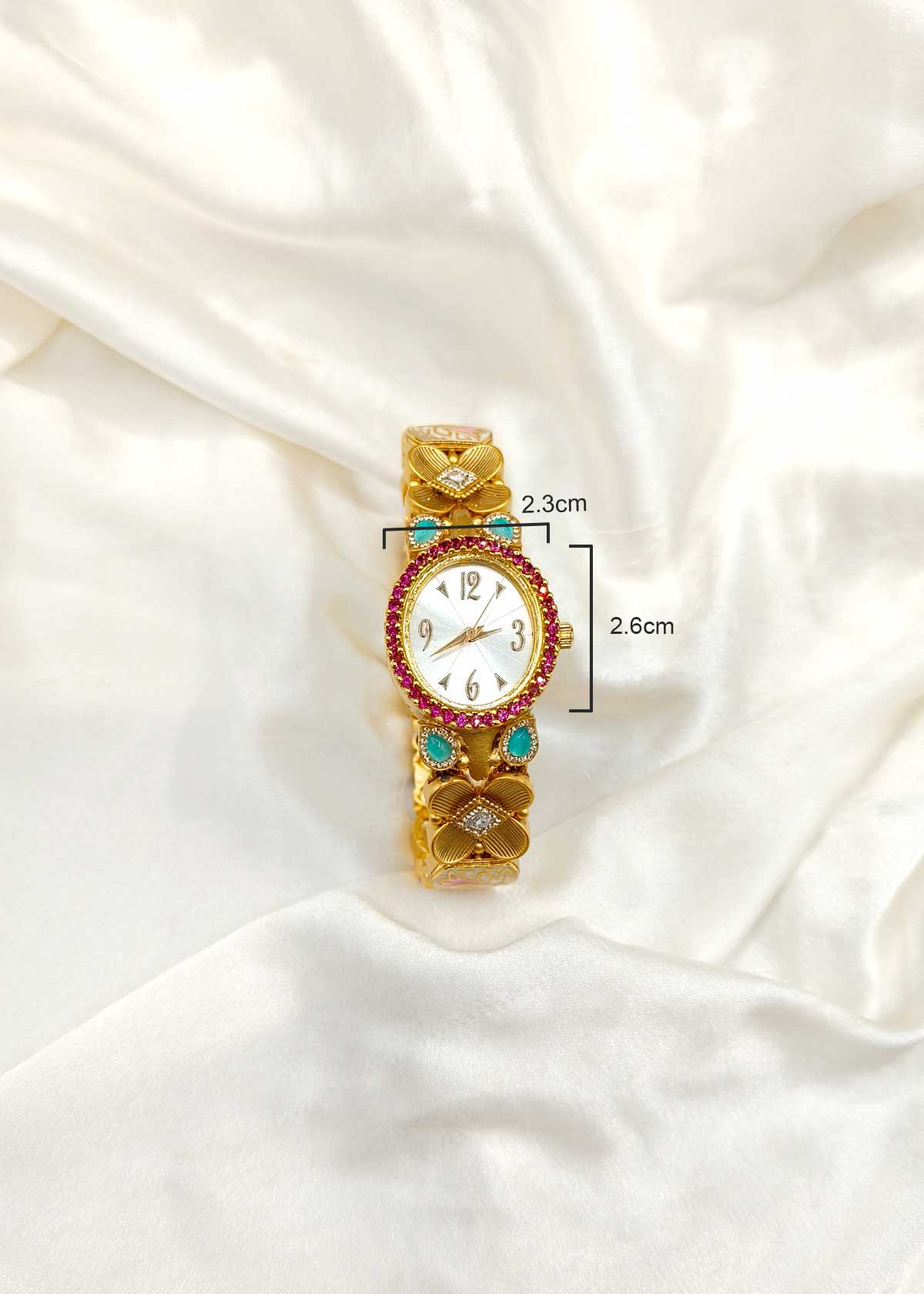 Antique Gold Plated Floral Minakari Cubic Zircon Women Watch