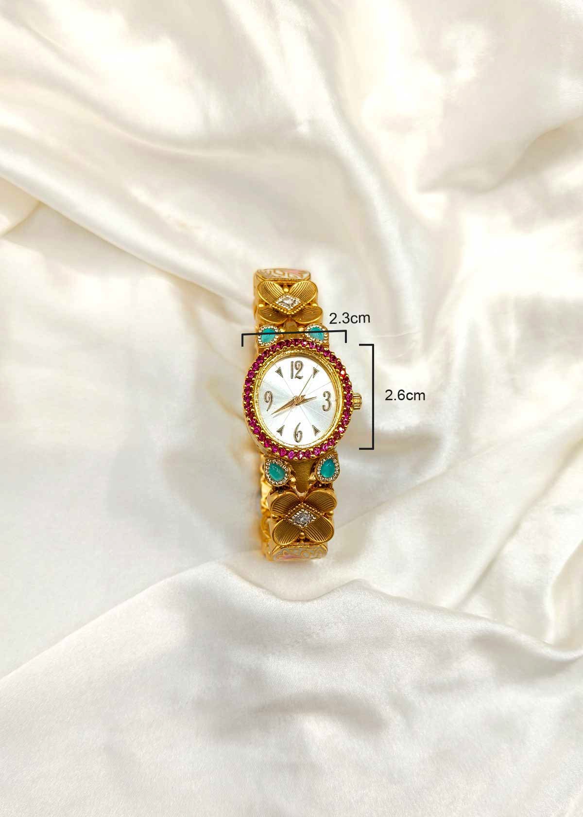 Antique Gold Plated Floral Minakari Cubic Zircon Women Watch