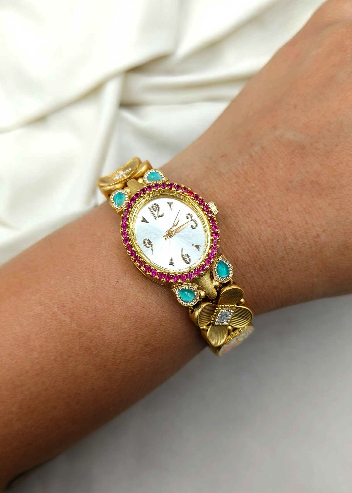 Antique Gold Plated Floral Minakari Cubic Zircon Women Watch