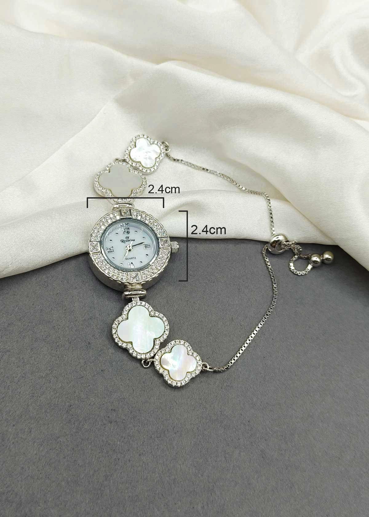92.5 Sterling Silver Cubic Zircon And Mother of Pearl Clover Adjustable Women Watch