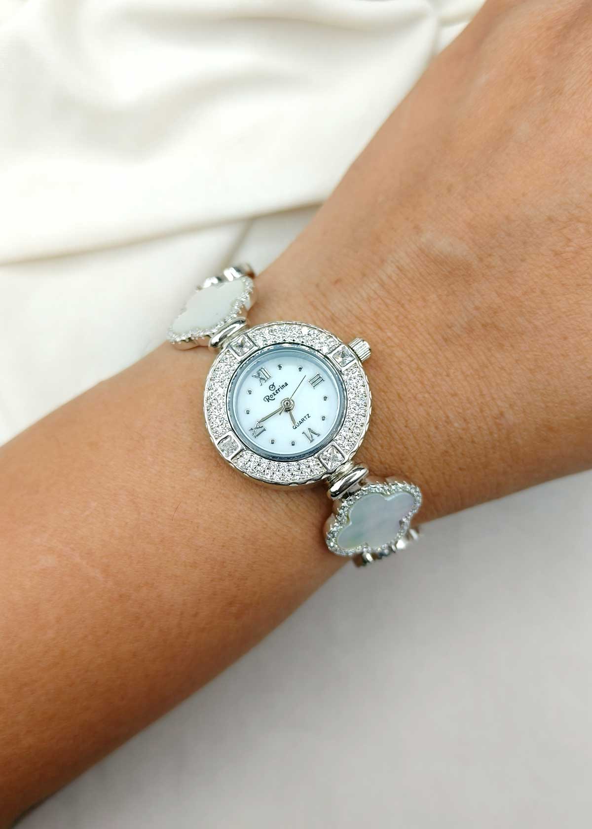92.5 Sterling Silver Cubic Zircon And Mother of Pearl Clover Adjustable Women Watch