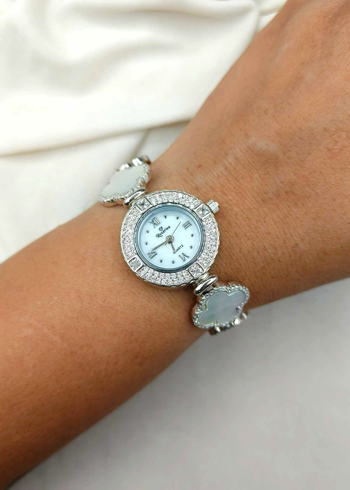 92.5 Sterling Silver Cubic Zircon And Mother of Pearl Clover Adjustable Women Watch
