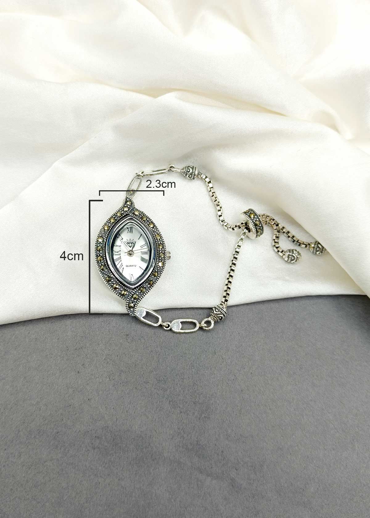 Antique Style Marquise Marcasite 92.5 Sterling Silver Adjustable Women Watch