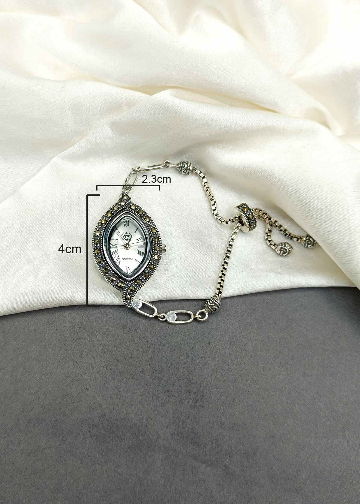 92.5 Sterling Silver Antique Style Marquise Marcasite Adjustable Women Watch