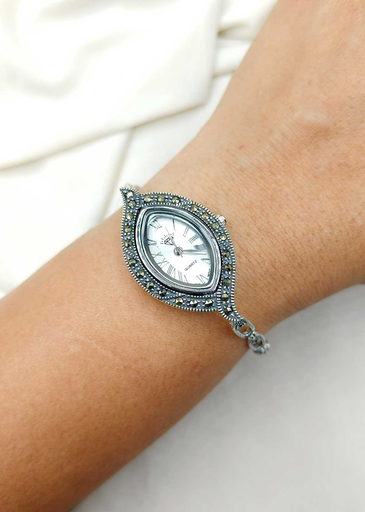 Antique Style Marquise Marcasite 92.5 Sterling Silver Adjustable Women Watch