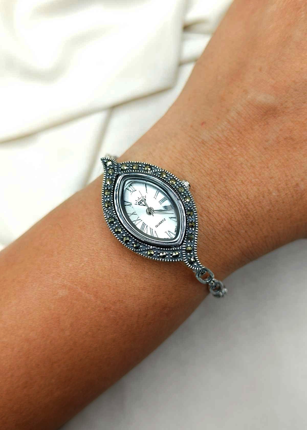 92.5 Sterling Silver Antique Style Marquise Marcasite Adjustable Women Watch