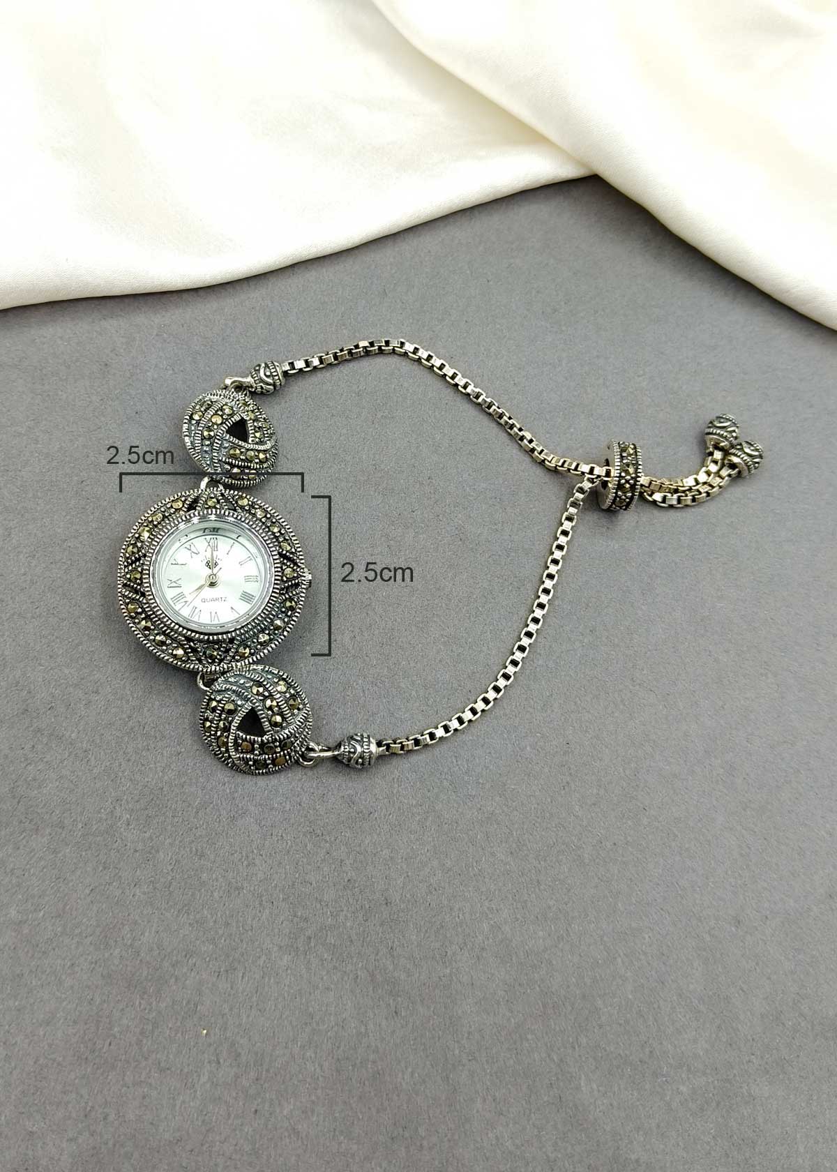 Round Marcasite 92.5 Sterling Silver Adjustable Women Watch