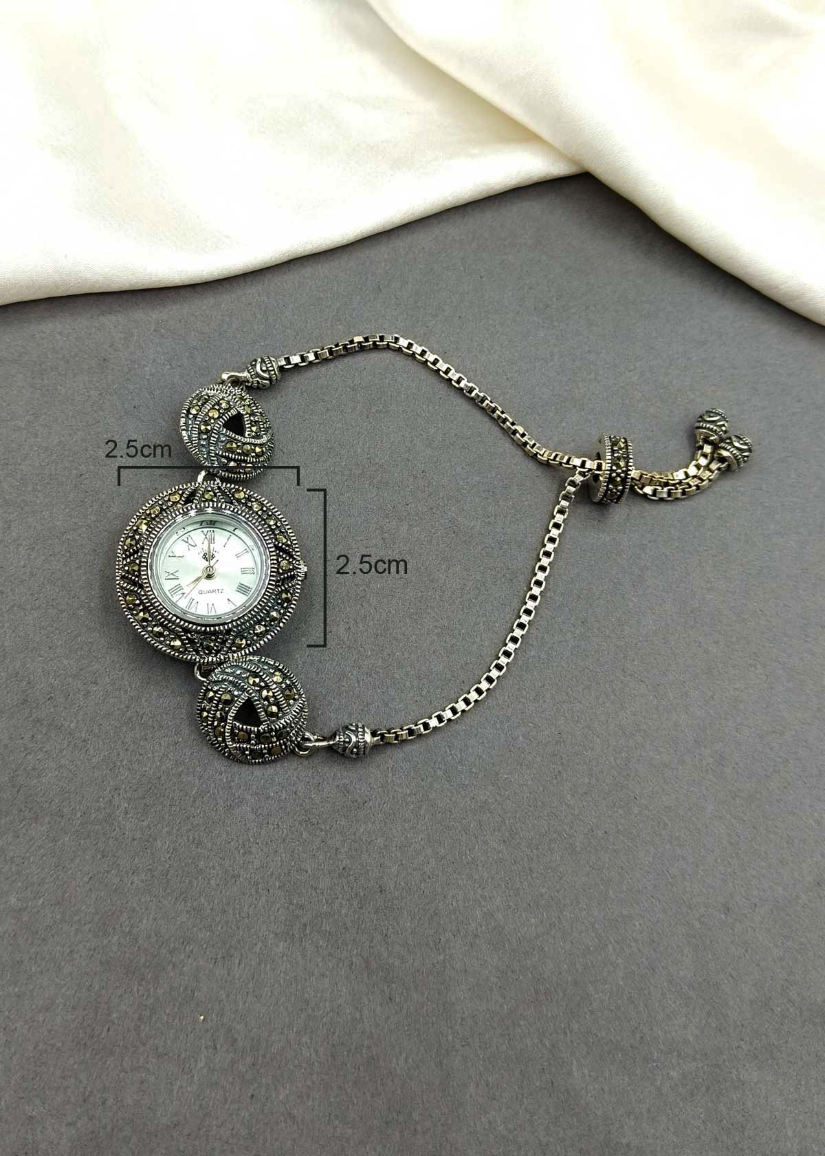 92.5 Sterling Silver Round Marcasite Adjustable Women Watch