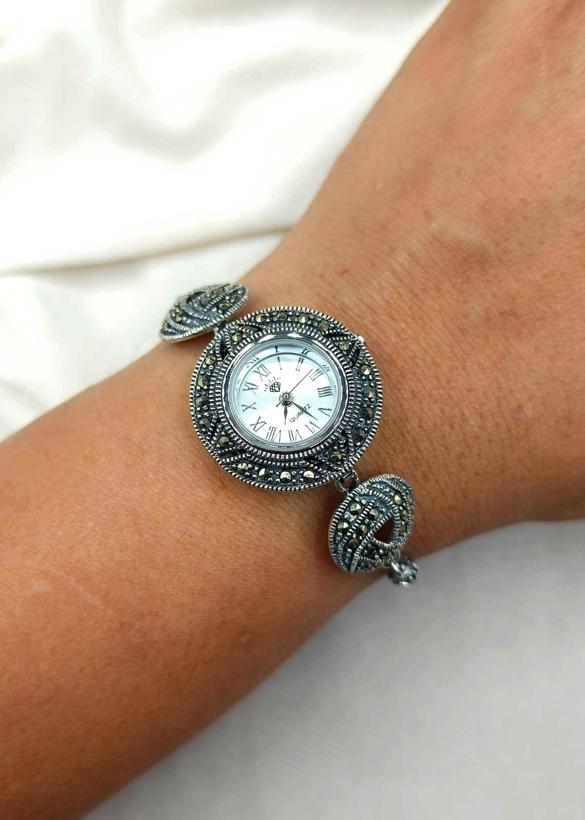 92.5 Sterling Silver Round Marcasite Adjustable Women Watch