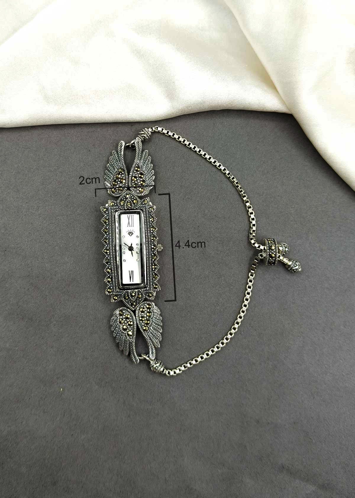 92.5 Sterling Silver Marcasite Rectangle Shape Adjustable Women Watch