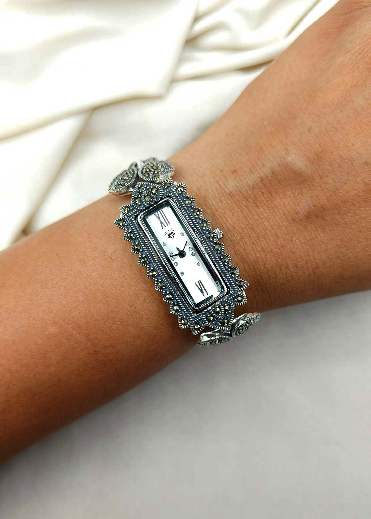 92.5 Sterling Silver Marcasite Rectangle Shape Adjustable Women Watch