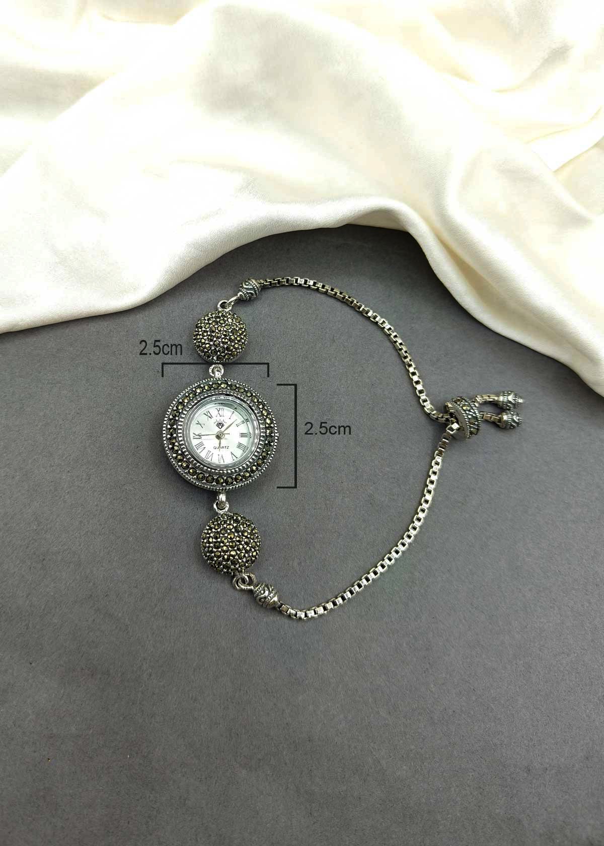 92.5 Sterling Silver Marcasite Dome Link Adjustable Women Watch