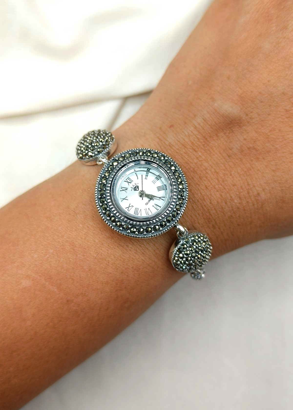 92.5 Sterling Silver Marcasite Dome Link Adjustable Women Watch