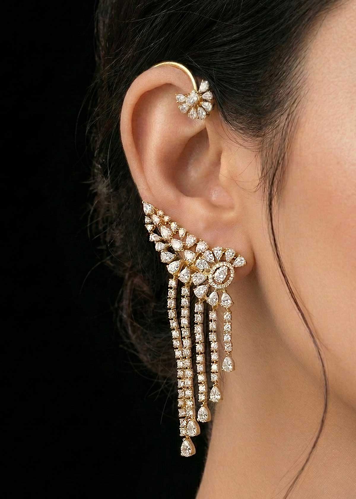 Cubic Zircon Gold Silver Plated Tassel Drop Ear Cuff For Women