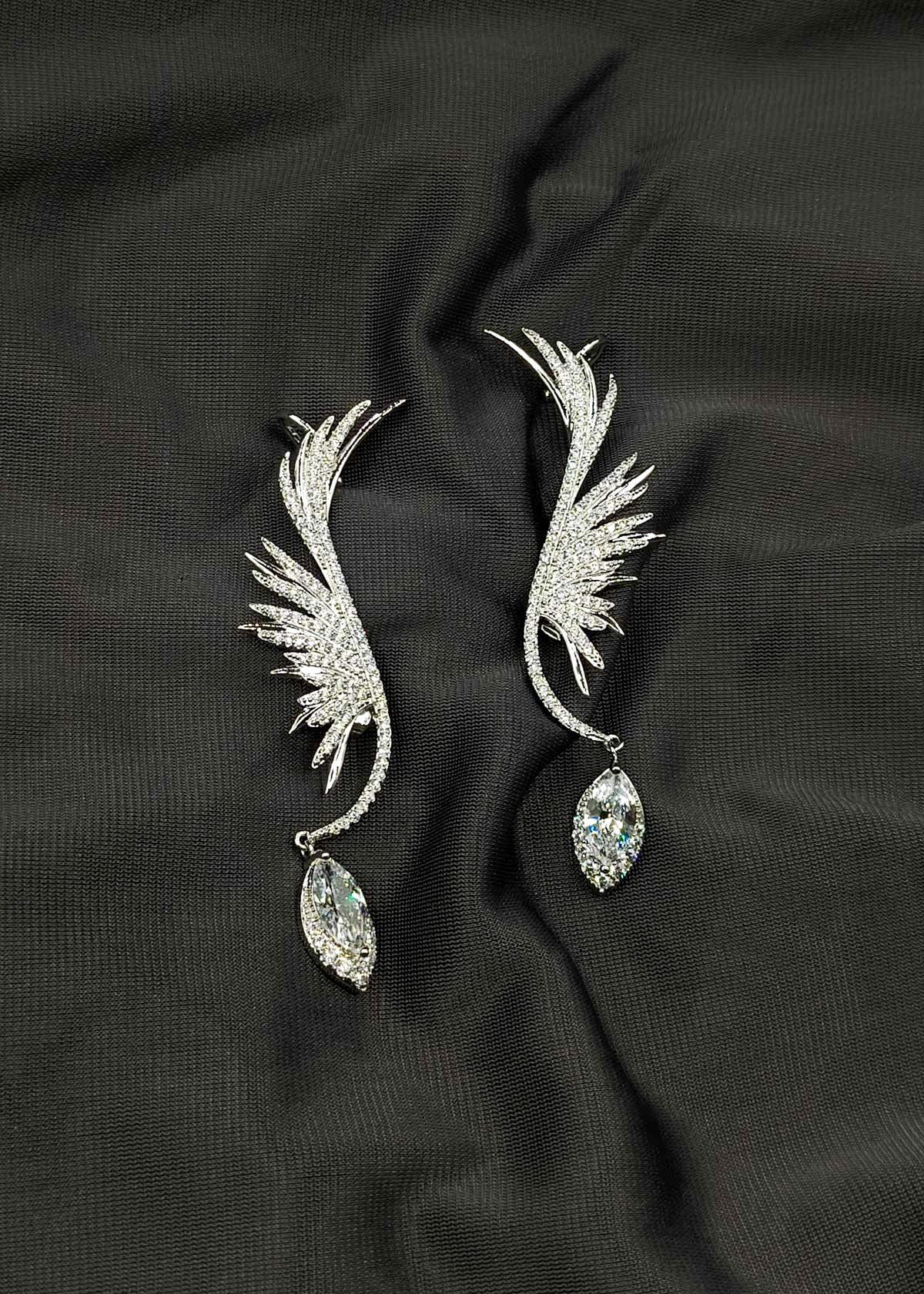 Feather Wing Style With Marquise Drop Silver Plated Cubic Zirconia Ear Cuff For Women