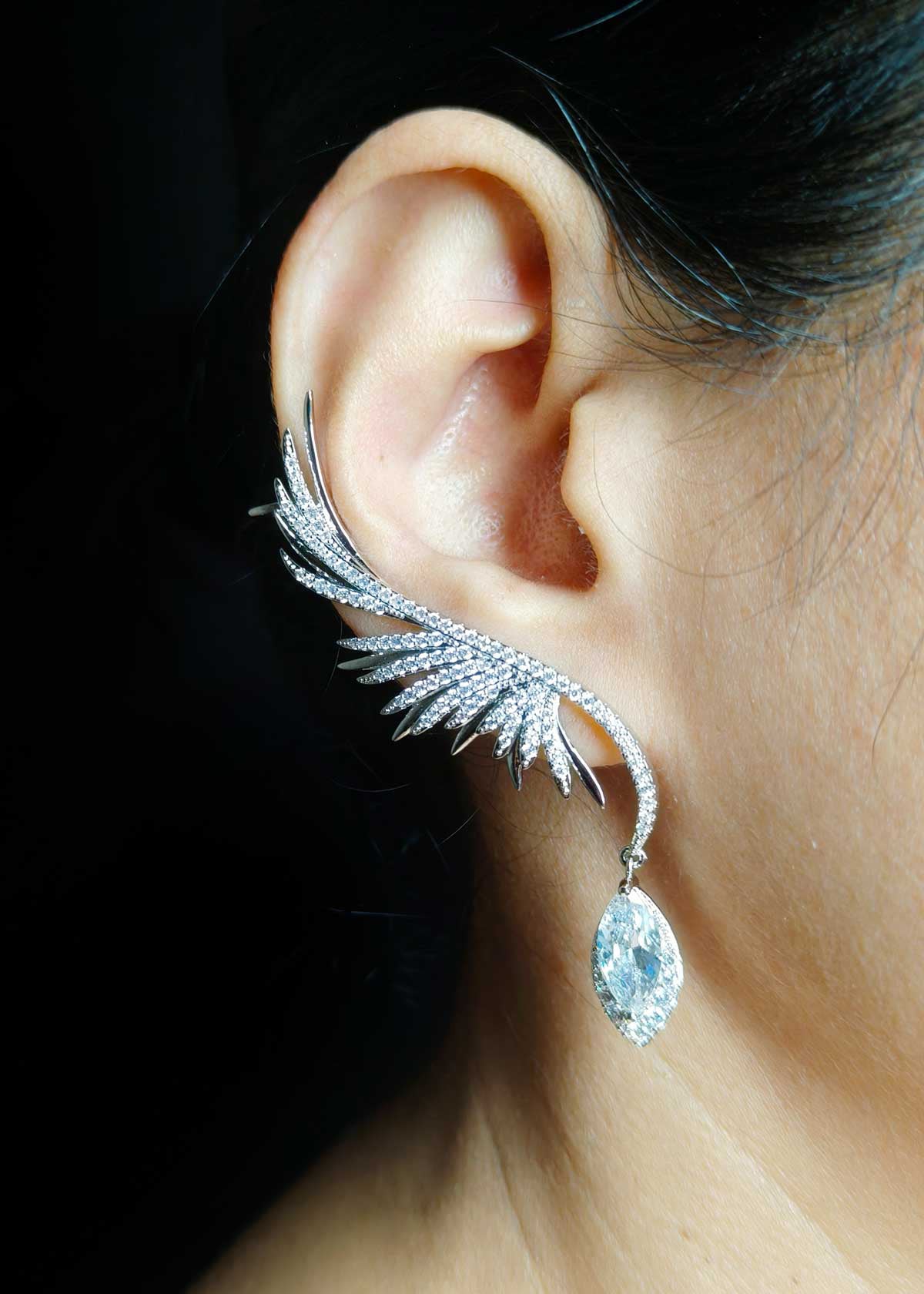 Feather Wing Style With Marquise Drop Silver Plated Cubic Zirconia Ear Cuff For Women