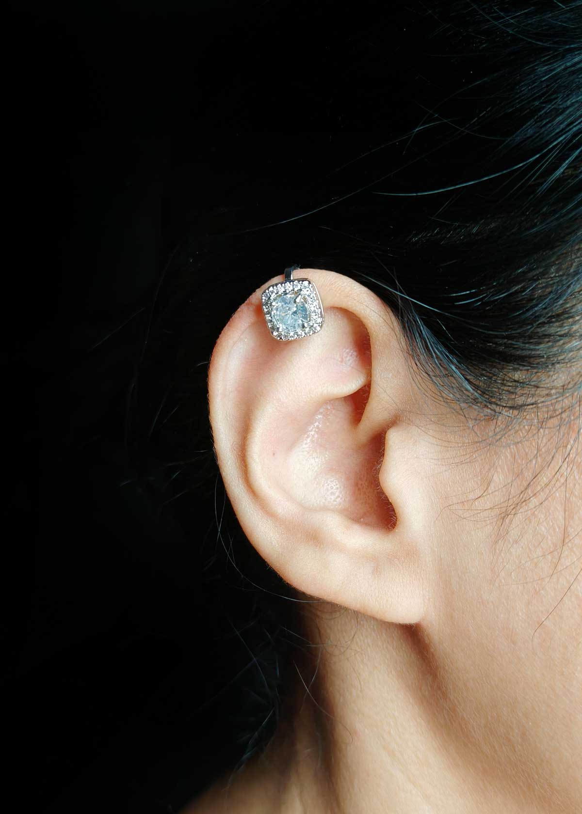 Square Shape Silver Plated Cubic Zircon Ear Cuff For Women