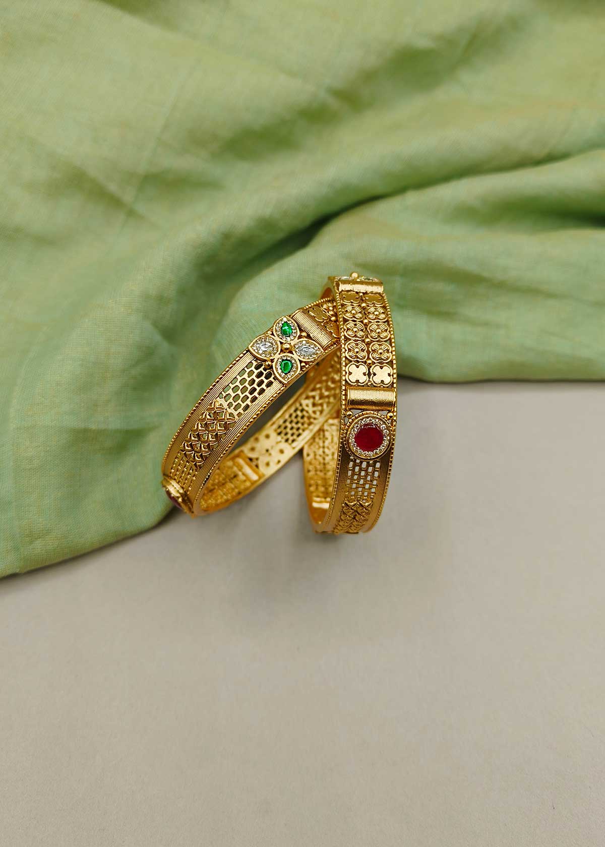 Traditional Antique Gold Wide Bangles (2 Pcs)