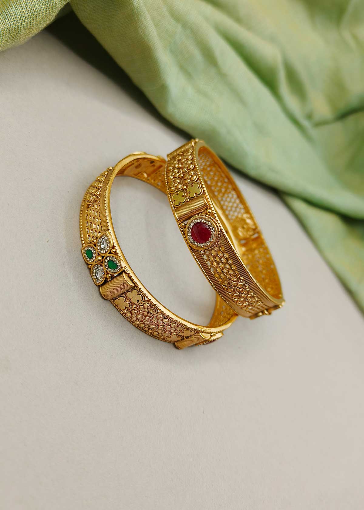 Traditional Antique Gold Wide Bangles (Pair)